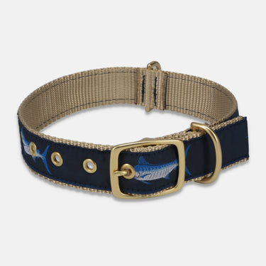 Marlin Dog Collar Navy Ribbon on Khaki Webbing